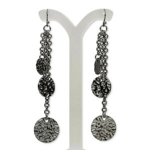 Gunmetal Grey Black Textured Charms and Chain Long Dangly Earrings